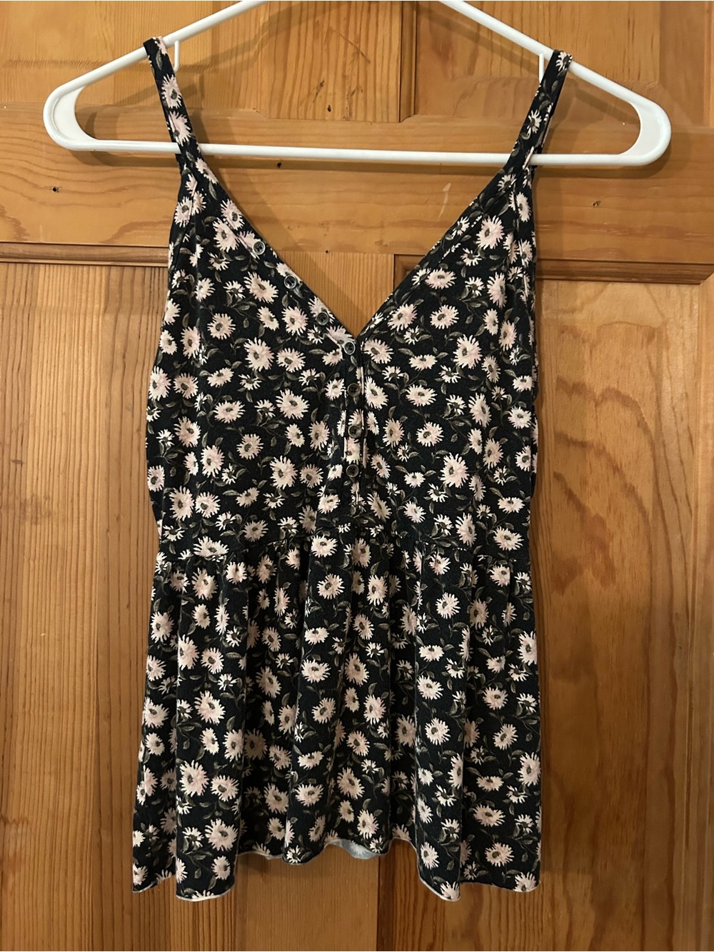 American Eagle Outfitters Black Floral Spaghetti-Strap Cami with Cream Flowers